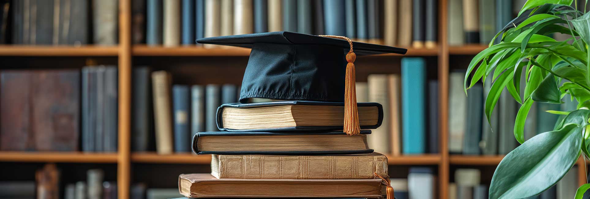 A black and gold graduation cap with a gold tassel sits atop a stack of old books in front of a bookshelf filled with books.