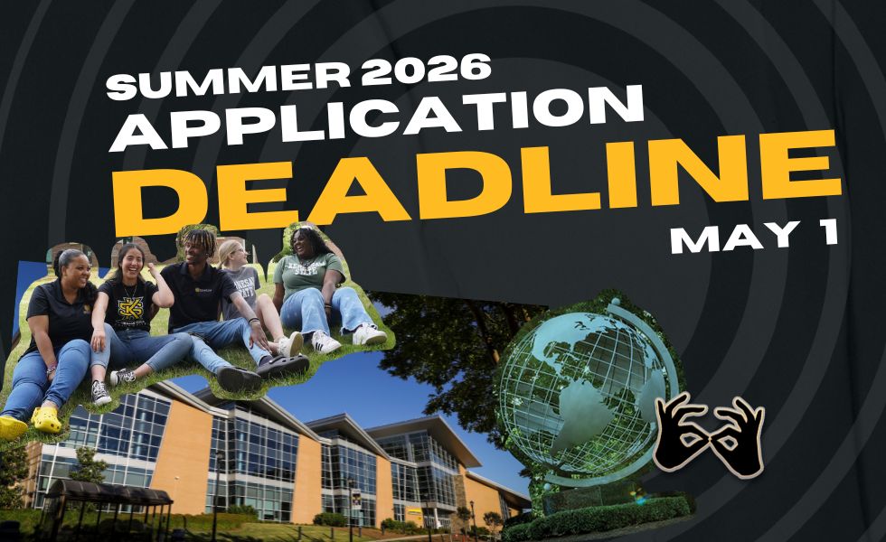"Graphic announcing Summer 2026 application deadline of May 1. Features diverse group of students, a modern building, and a globe sculpture