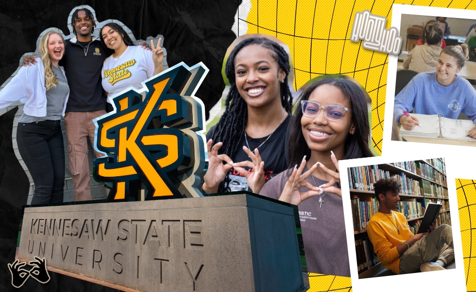 Kennesaw State University students pose by a campus sign, two females give Hooty Hoo hand signs, study in classrooms, and read in the library; the university logo is displayed prominently.