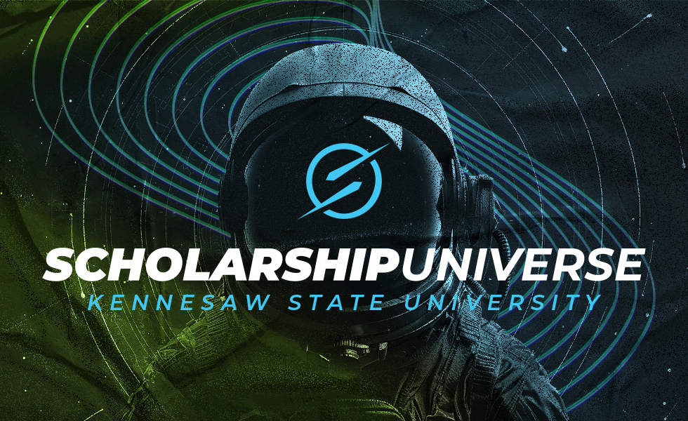 Futuristic AI image with scholarship universe logo