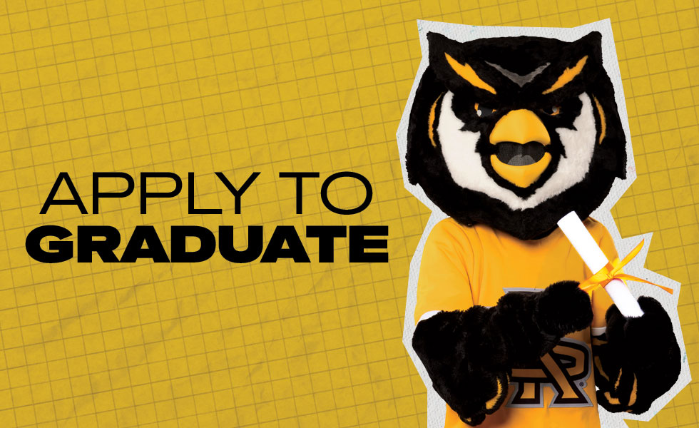 KSU's mascot, Scrappy the Owl, proudly holding a diploma.