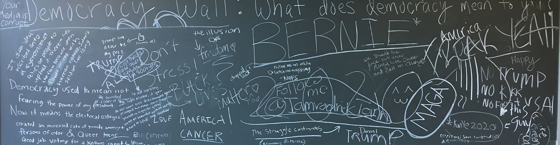 chalkboard with democracy related verbiage written on it