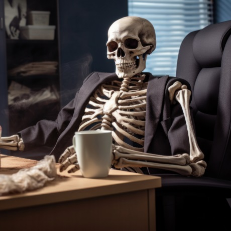 a skeleton in a brown suit sitting at an office desk with a white mug of coffee