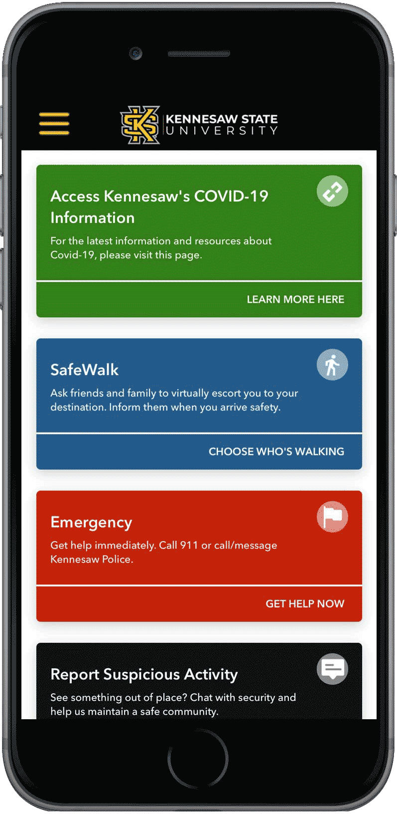 A screenshot of the Kennesaw State University LiveSafe app. The app provides safety features including access to COVID-19 information, a SafeWalk feature, emergency contact options, and a way to report suspicious activity.