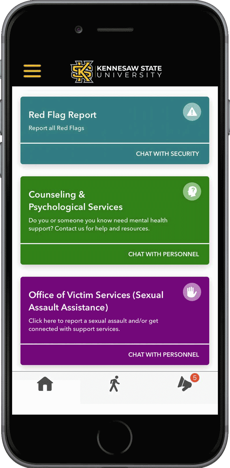 A screenshot of the Kennesaw State University LiveSafe app displaying safety resources. The options include reporting red flags, accessing counseling and psychological services, and reporting sexual assault.