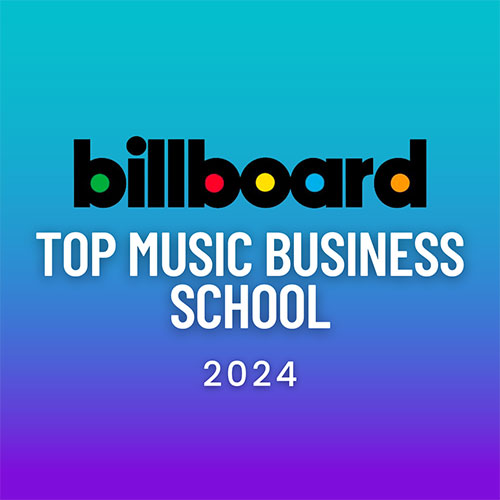 A graphic with a gradient background transitioning from teal at the top to purple at the bottom. The text reads "Billboard" in its signature bold, colorful logo style, followed by "Top Music Business School" in white uppercase letters. Below this, the year "2024"