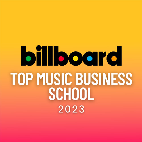 A graphic with a gradient background transitioning from teal at the top to purple at the bottom. The text reads "Billboard" in its signature bold, colorful logo style, followed by "Top Music Business School" in white uppercase letters. Below this, the year "2023"