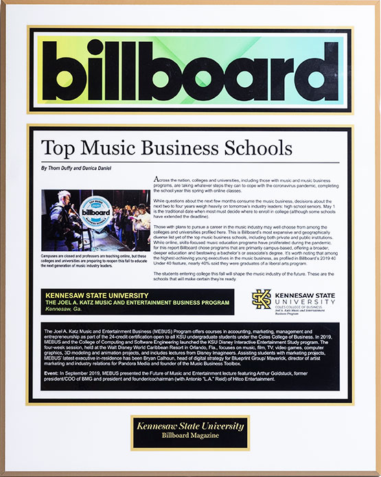 The image highlights an article from Billboard Magazine titled "Top Music Business Schools." It recognizes Kennesaw State University and its Joel A. Katz Music and Entertainment Business