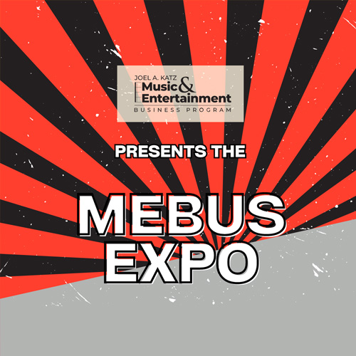 The words "MEBUS EXPO" are displayed in large, bold white letters, dominating the center of the image. Above, smaller white text reads "JOEL A. KATZ MUSIC & ENTERTAINMENT BUSINESS PROGRAM PRESENTS THE.