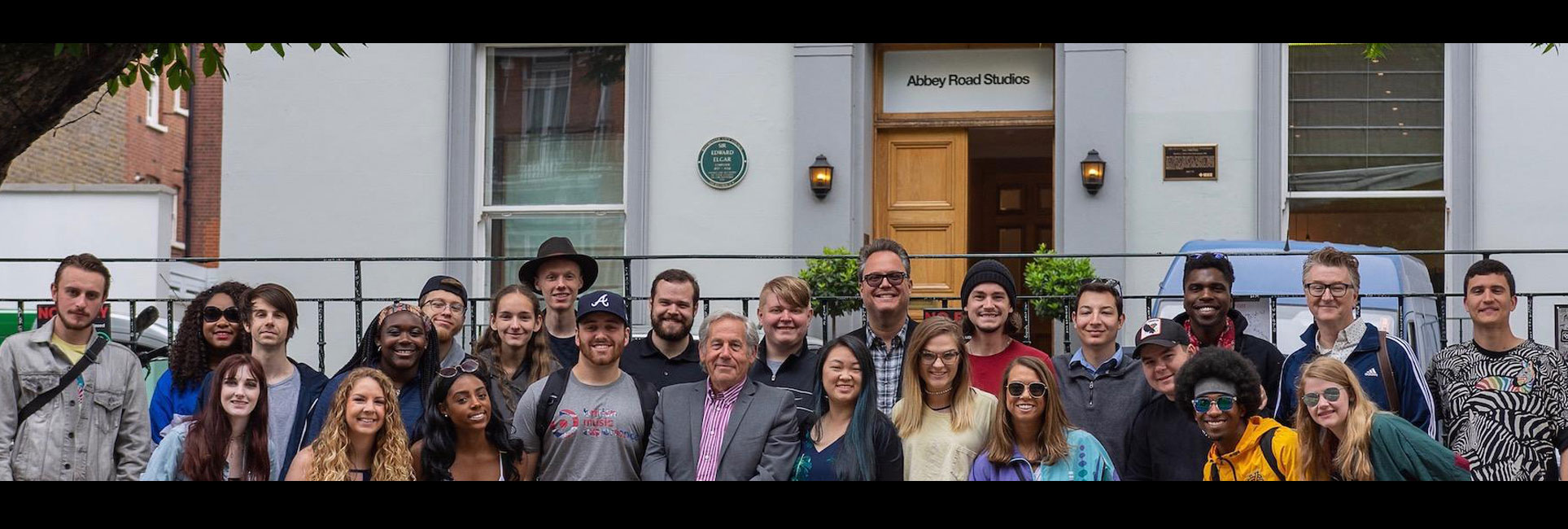 Photo of Joel A. Katz, MEBUS program students group in London, standing in front of the iconic Abby Road Recording studio.