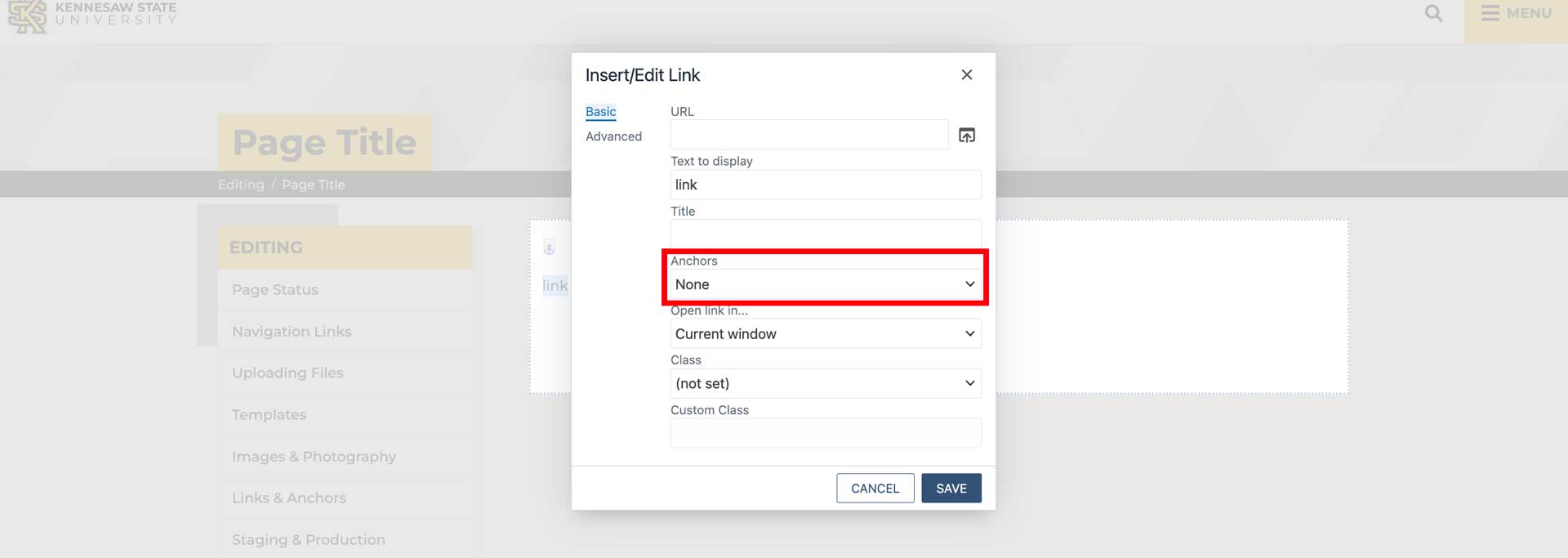 highlighting the anchor dropdown within the insert/edit link box