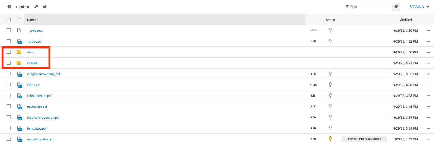 screenshot of docs and images folders in Omni CMS