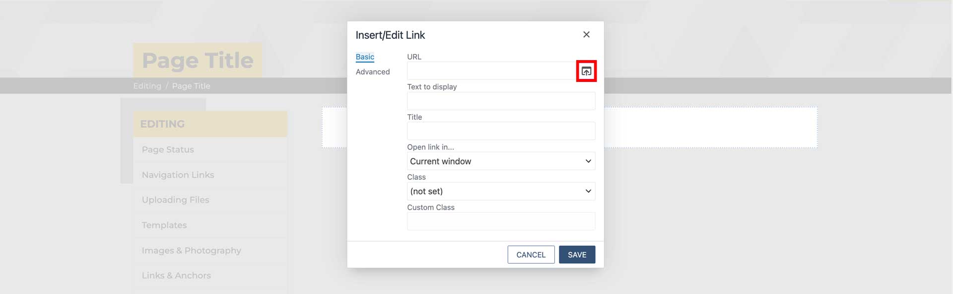 highlighting the insert/edit link file chooser button