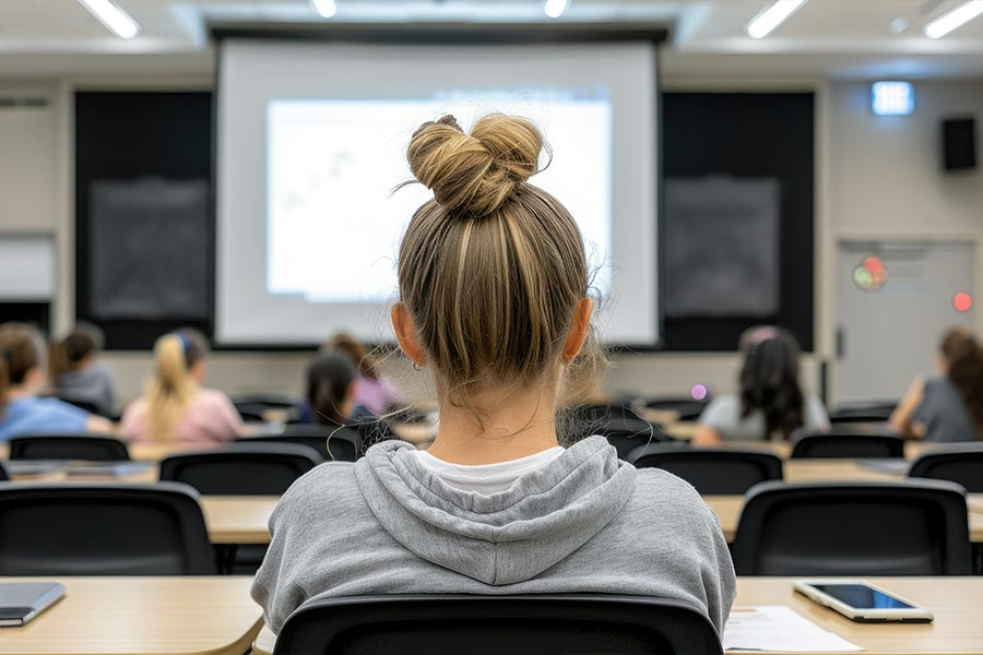 transfer student sitting in classroom with other students.