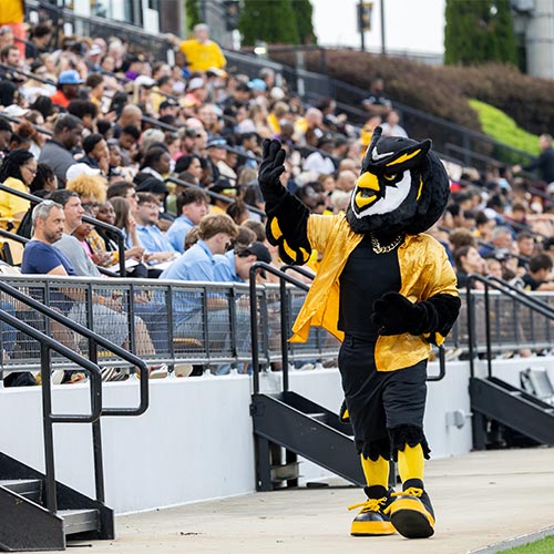 scrappy at a football gaming waving at people on the bleachers.