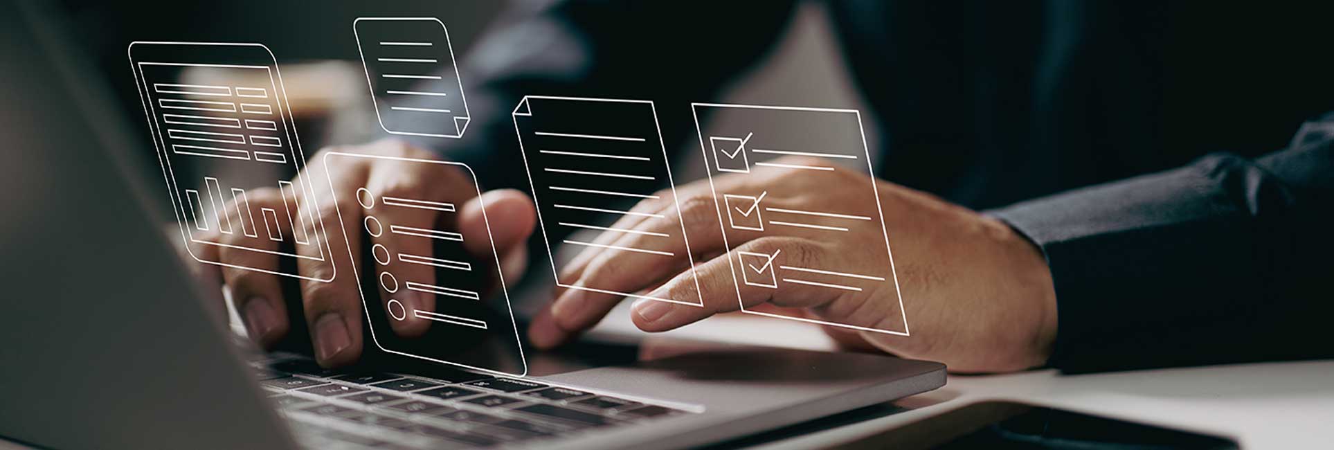  Transparent icons of checklists, to-do lists, and charts are hovering above the laptop, representing task management and productivity.