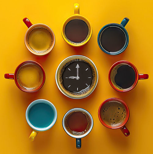 A clock face made of coffee cups, arranged in a circle on a yellow background.