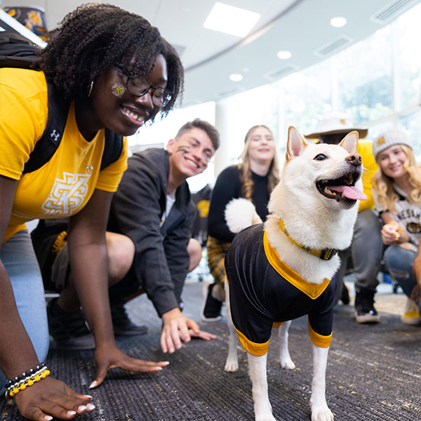 Group of students surrounding a dog wearing ksu gear.