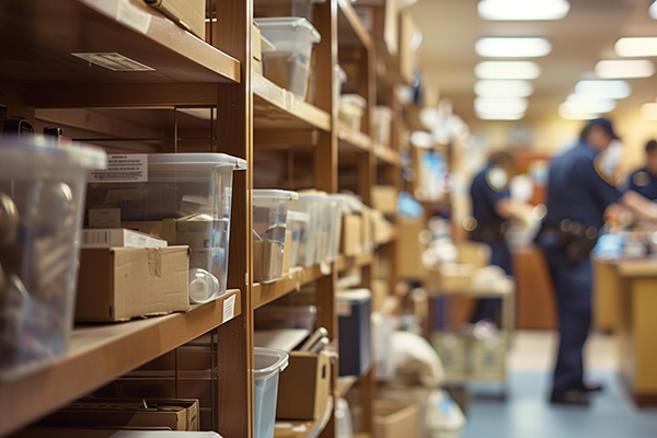 police in an evidence room with shelves full of evidence