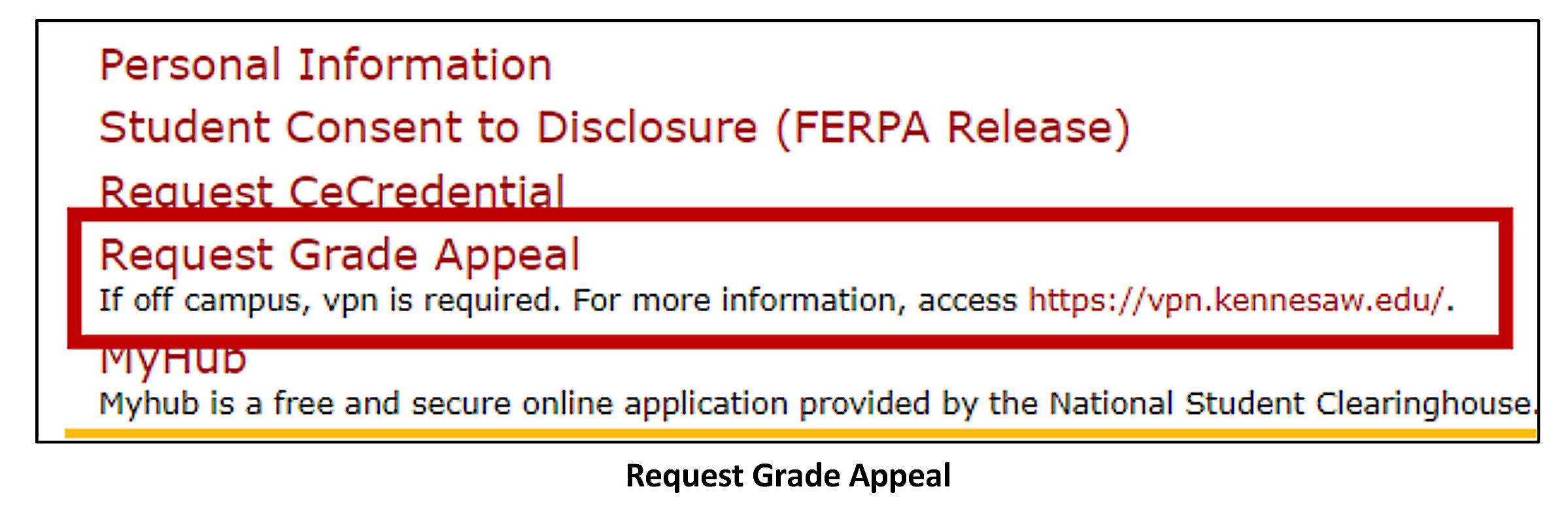 A list of student resources related to academic records, including "Transient Letter," "Personal Information," "Student Consent to Disclosure (FERPA Release)," "Request CeCredential," and a highlighted link to "Request Grade Appeal" with a note about requiring VPN access for off-campus users.