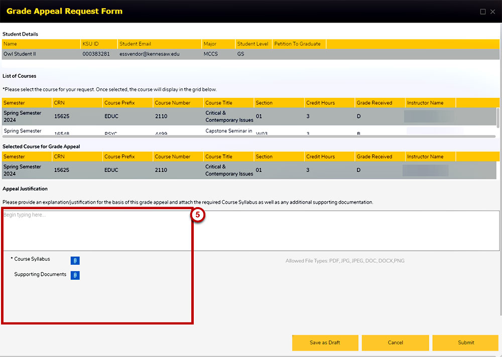 A webpage image showing a grade appeal request form. The page title is "Grade Appeal Request Form" and there is a button labeled "X" in the top right corner. The form contains fields for semester, CRN, course prefix, course number, course title, section, credit hours, grade received, and instructor name. The current values in the form are for Spring Semester 2024, CRN 15625, EDUCE 2110, Critical & Contemporary Issues, 01, 3, D, and Bradford Burel. There is a section titled "Appeal Justification" with a text box for the justification and a note about attaching the required course syllabus and supporting documentation. Below the justification box, there are sections for "Course Syllabus" and "Supporting Documents" with file upload fields.