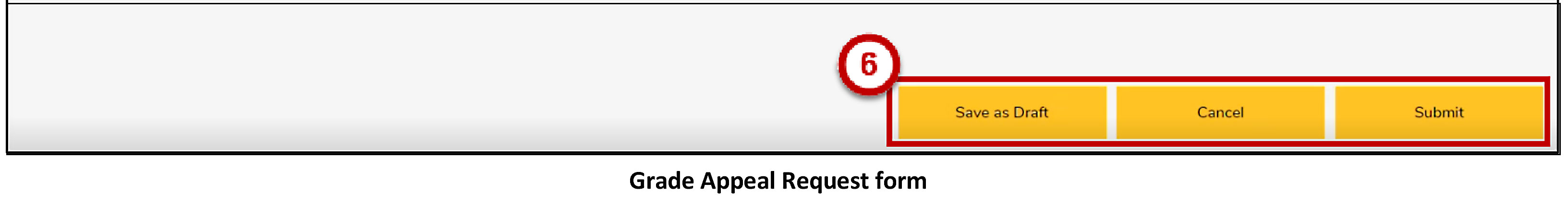 Grade Appeal Request form with a horizontal banner with three buttons: "Save as Draft," "Cancel," and "Submit." The buttons are enclosed in a red border and there is a number "6" above them.