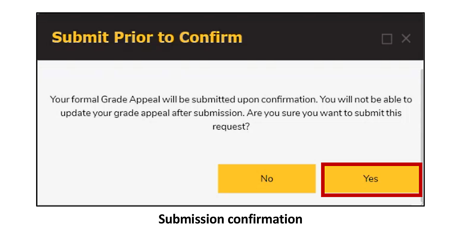 A submission confirmation dialog box for a grade appeal request. The title is "Submit Prior to Confirm" and there is a message warning the user that the appeal will be submitted upon confirmation and cannot be updated afterwards. The user is asked to confirm if they want to submit the request. There are two buttons: "No" and a highlighted "Yes" button.