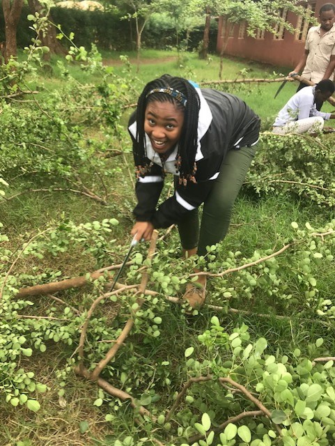 jessica bell outside picking up tree limbs