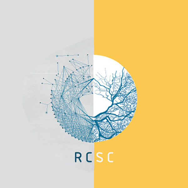 A circular logo with a split background in gray and yellow. The left half contains a network of connected blue dots, while the right half shows blue tree-like structures. The text "Research Center for Sustainable Communities" is written in a circle around the outer edge, and the letters "RCSC" are centered at the bottom.