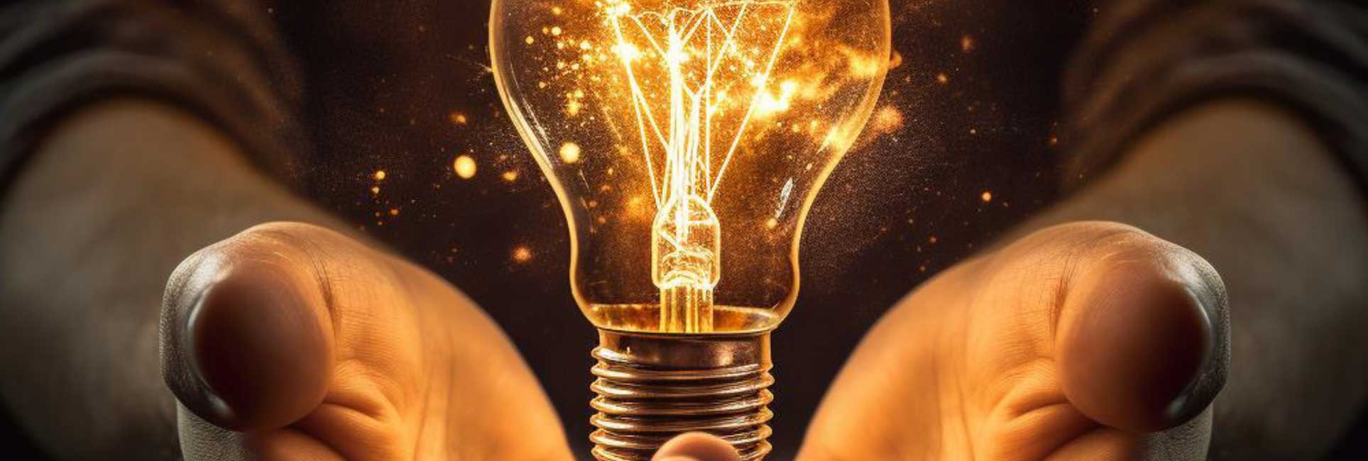 An illustration of male hands holding a light bulb and promoting creativity and innovation