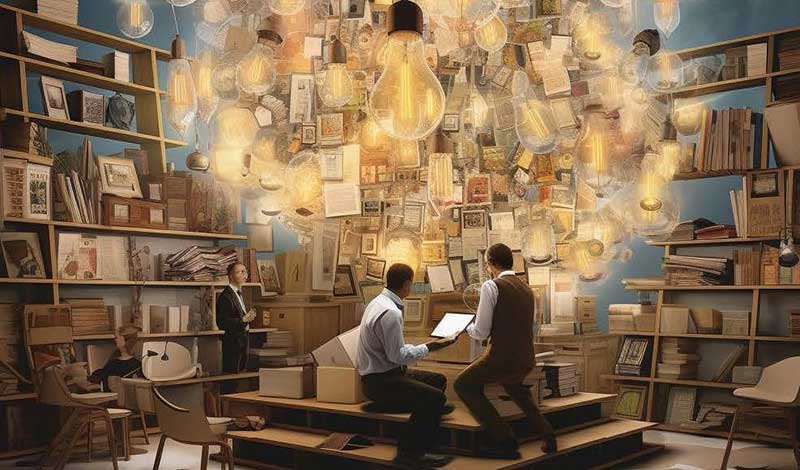 Painting of early 1900 researchers surrounded by books shelf collaborating