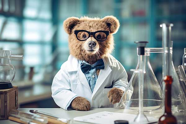 bear with glasses in lab coat and bow tie and laboratory desk