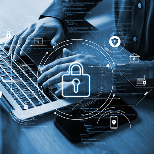 A grad student typing on a laptop keyboard. A glowing padlock symbol is superimposed over the keyboard, with other security-related icons and lines of code visible in the background.