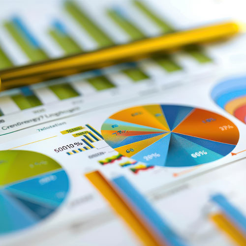 A close-up photo of reports with a pie chart, bar graphs, and a yellow pen resting on it. The pie chart has multiple segments of different colors, each labeled with a percentage and a small flag. The bar graphs are also colored and have numerical labels.