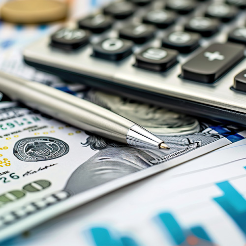 A close-up of a silver pen resting on a $100 bill. A calculator and other financial documents are partially visible in the background.