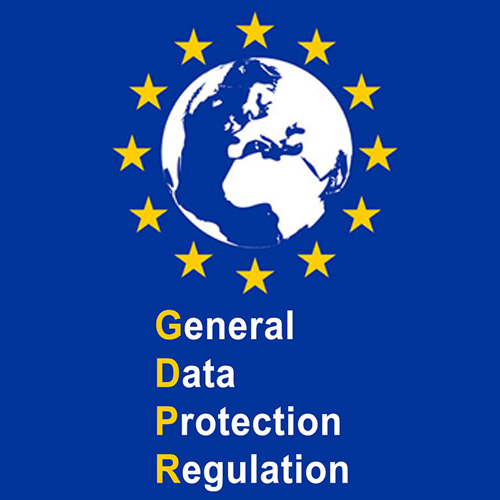 The official logo of the General Data Protection Regulation (GDPR), featuring a blue background with a circle of 12 yellow stars surrounding a white globe centered on Europe. The acronym "GDPR" is written vertically in white, with each letter separated by a horizontal line.