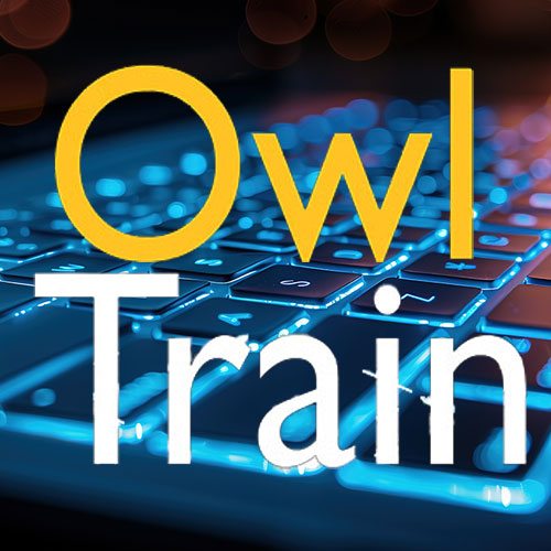 A logo with the words "Owl Train" in white, superimposed over a keyboard with glowing blue keys.