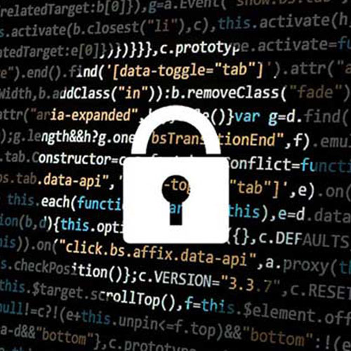 A white padlock symbol on a black background with computer code in the background.