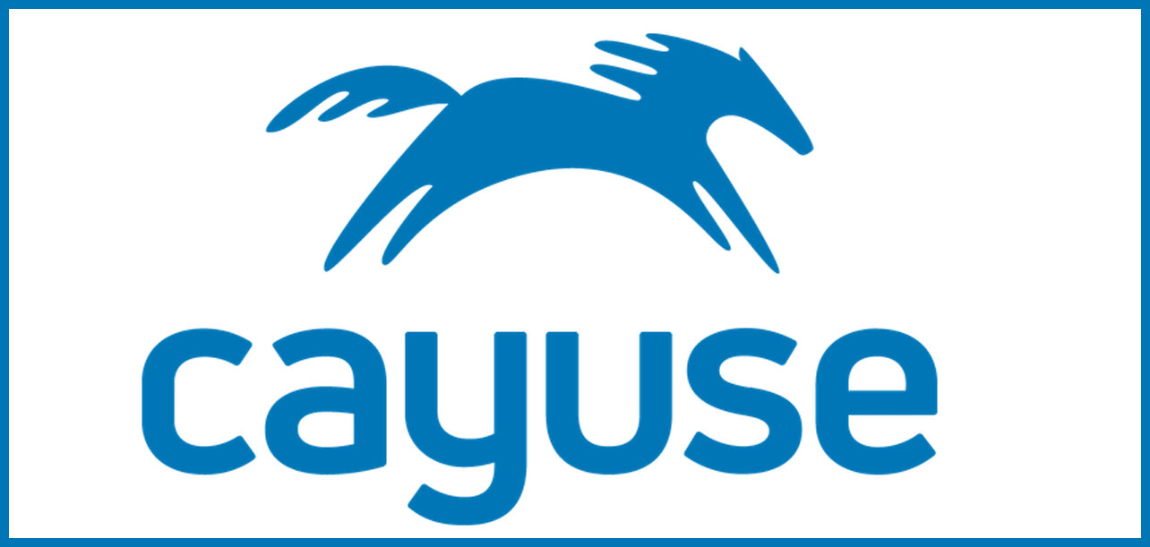 Cayuse logo - A graphic of a blue horse jumping over the blue cayuse words