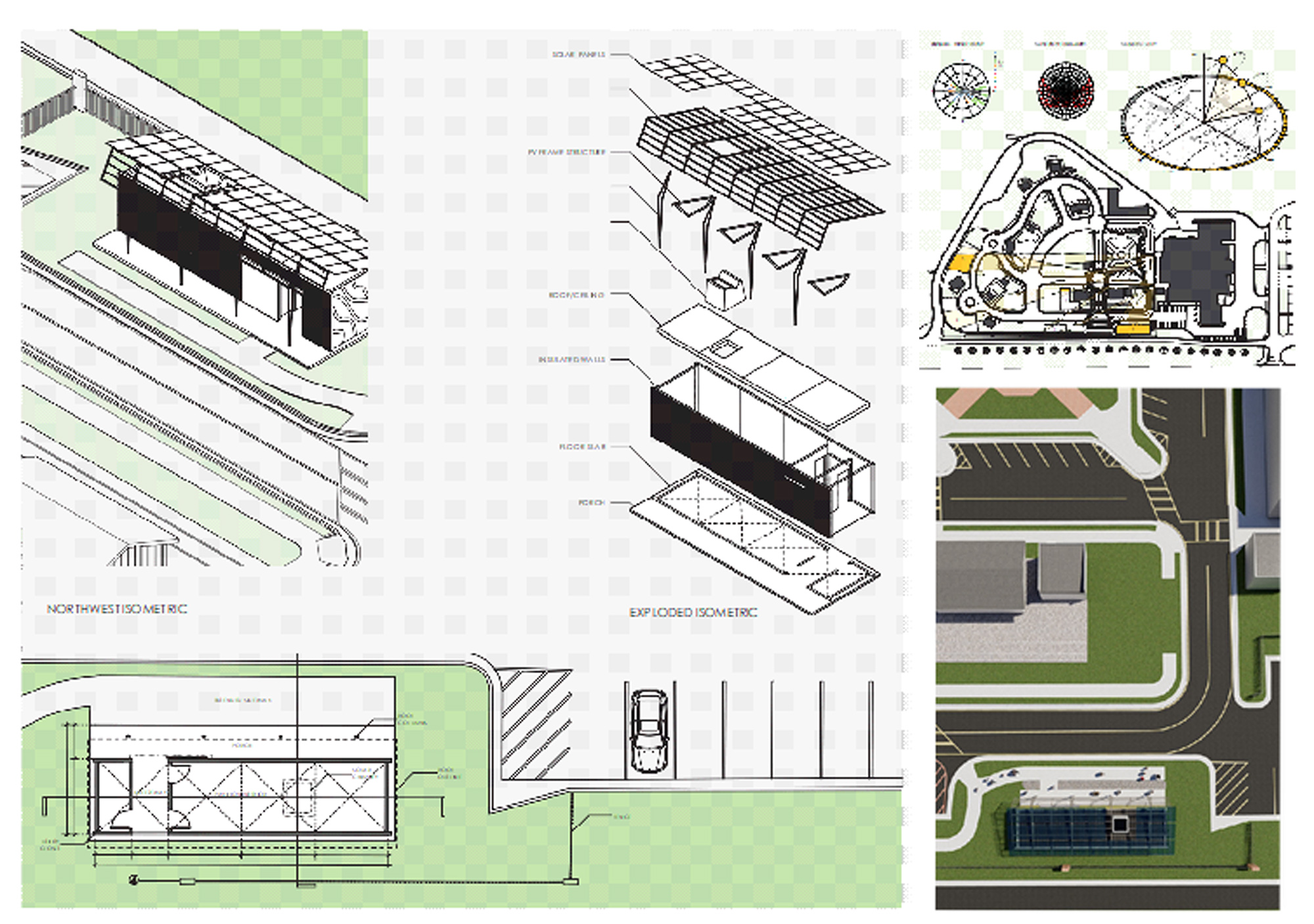 architectural drawing of building exterior, landscaping, and floorplans