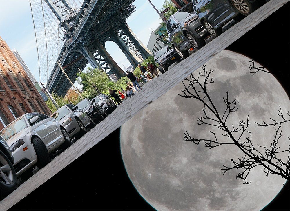 a split image showing a city sidewalk and the moon