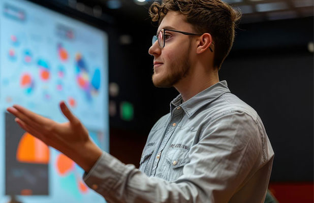 A student presenting at the academic conference