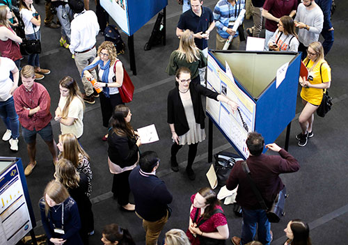 Student giving conference attendees an opportunity to view lots of different research project descriptions 