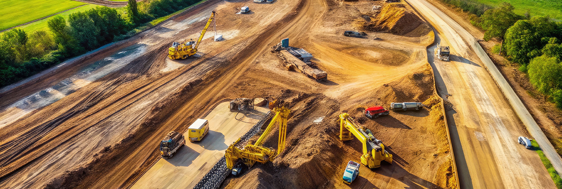 Aerial view of a large construction site with heavy machinery and vehicles working on land development, surrounded by green fields and trees.