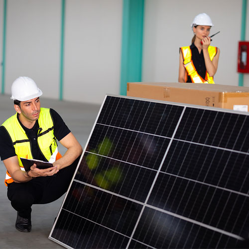 Two civil engineers wearing safety vests and helmets, one inspecting solar panels