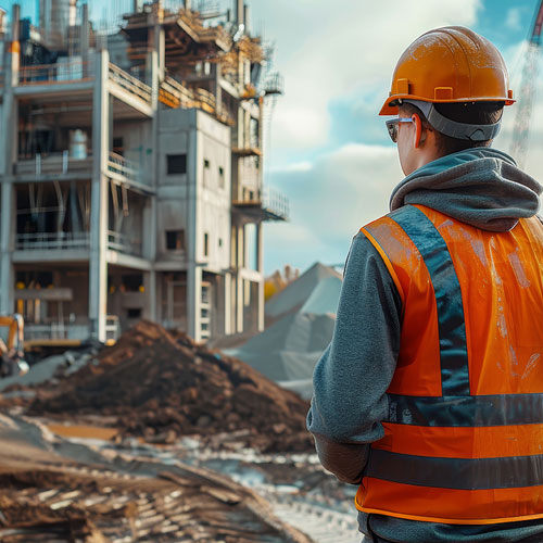 A civil engineering worker wearing a hard hat and reflective vest observing a multi-story building under construction