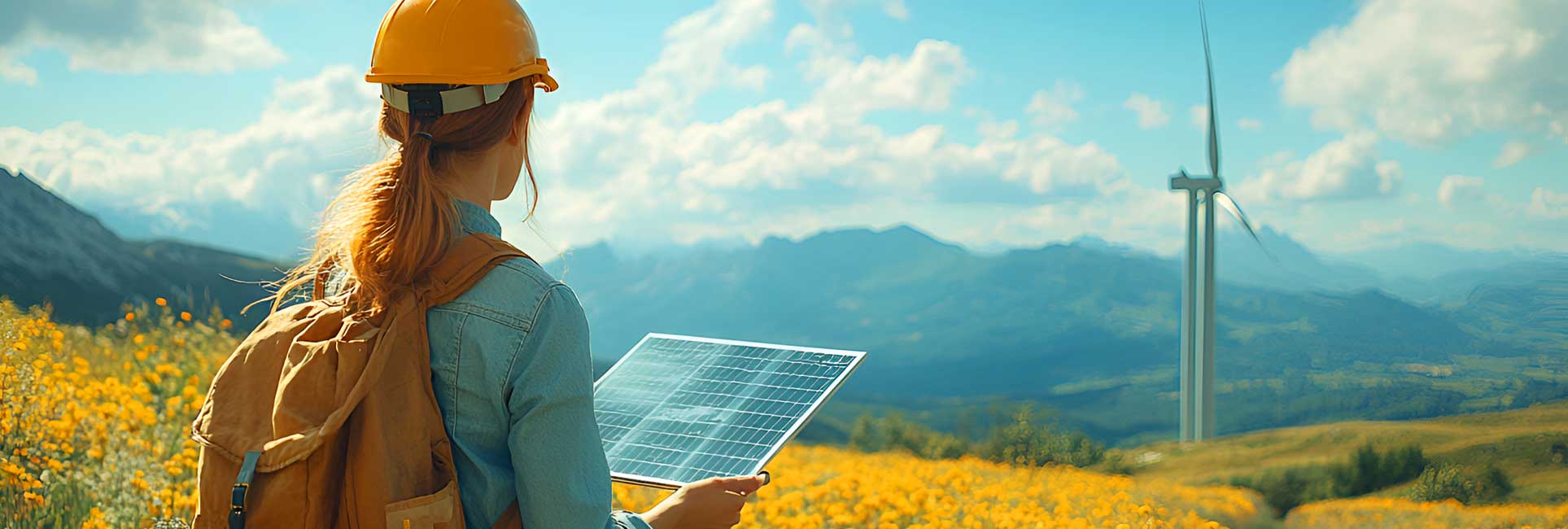 Environmental engineering students holds a tablet, with a wind turbine prominently visible in the background.