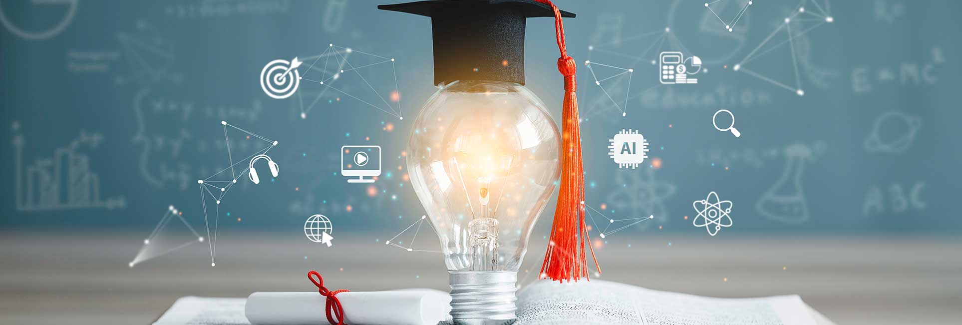 Education learning and Idea knowledge concepts innovative technology, science, and mathematics in school or university. Graduation cap with a lightbulb on the book and icon learning in the classroom