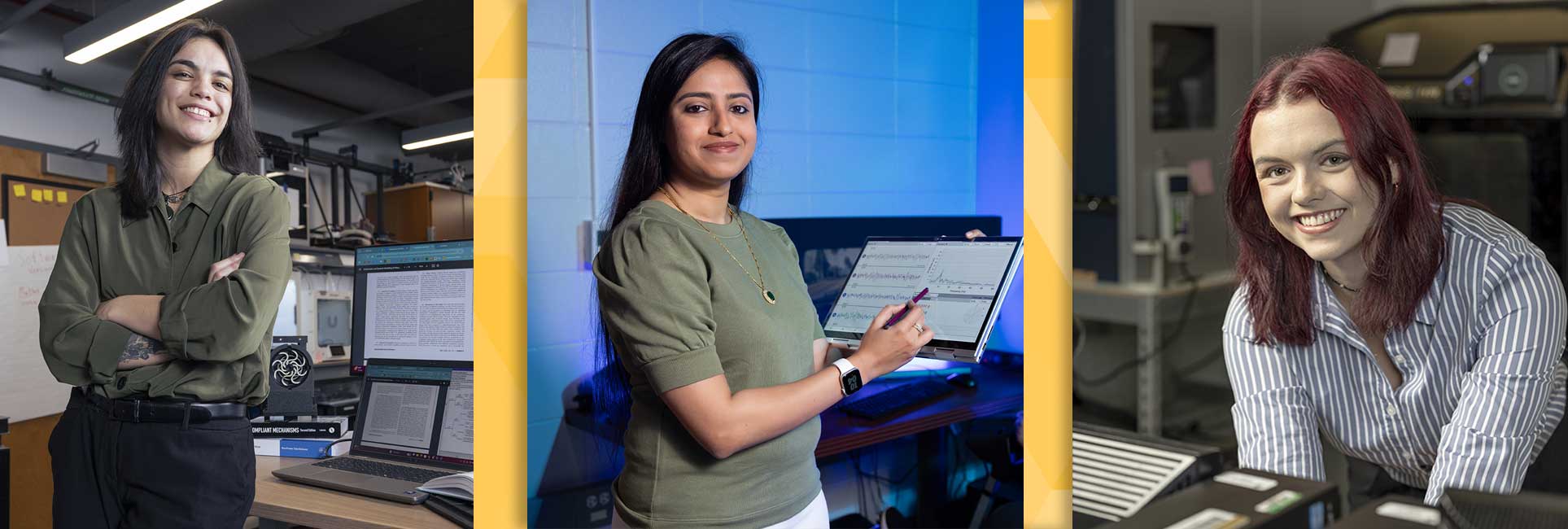 A collage of three student women in an industrial systems engineering technology lab setting, each engaged in different activities