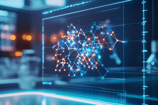 A futuristic digital interface displaying a network of interconnected nodes and lines, representing data analysis or a system simulation in a high-tech laboratory setting